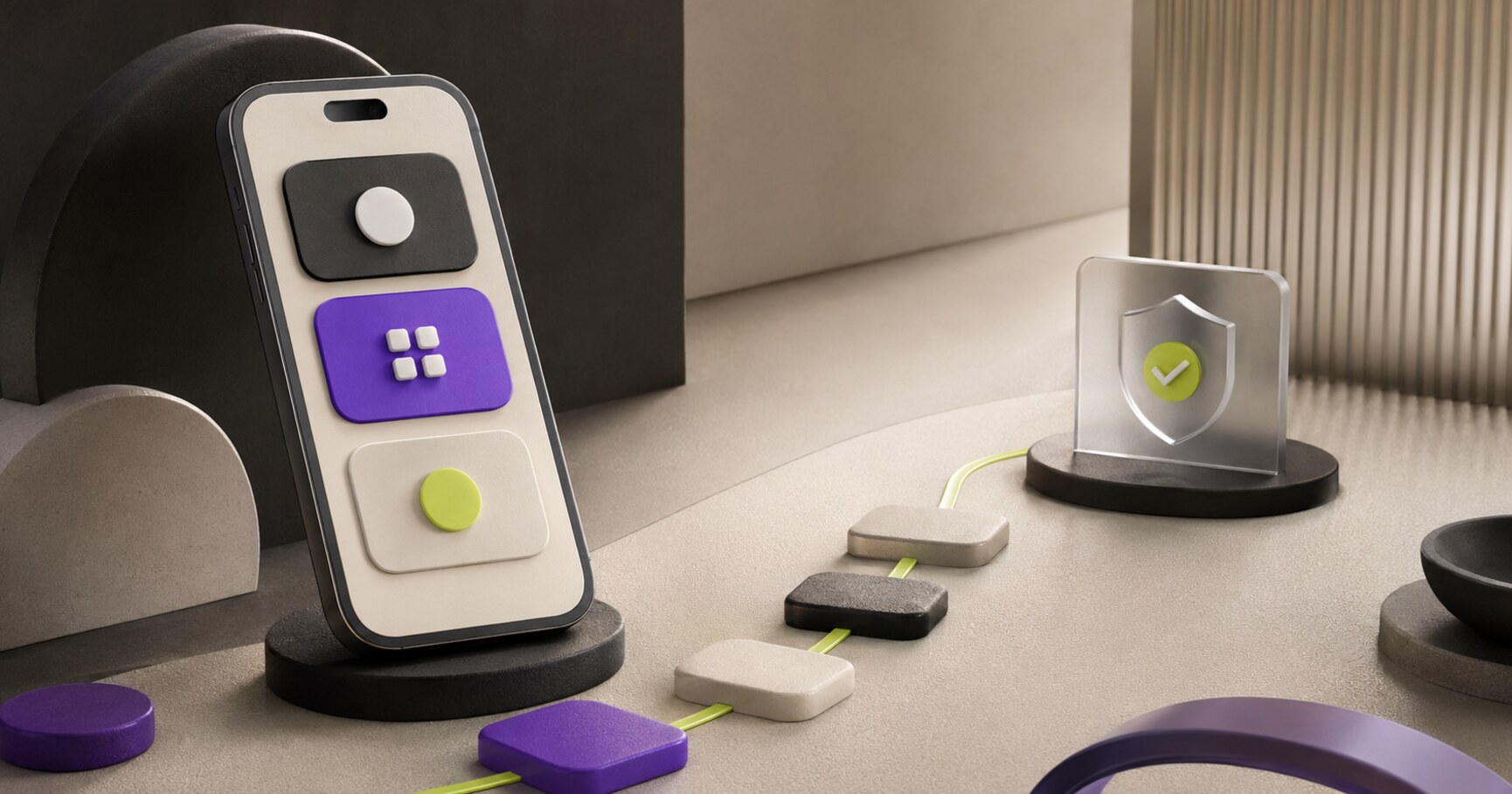 An iPhone-like device with large focused controls and a clear return route