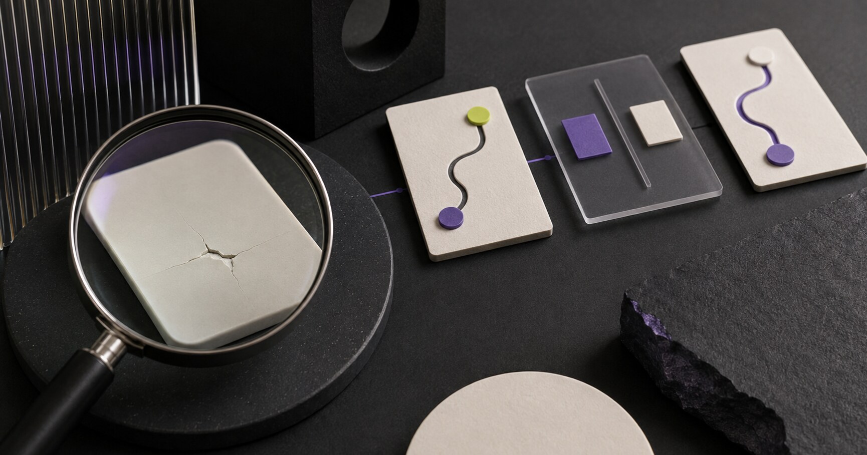 A magnifying glass and evidence cards around a broken interface element