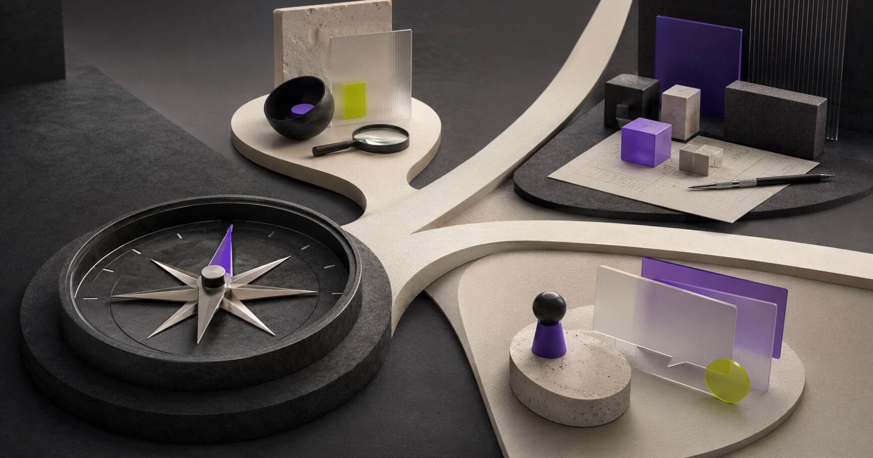 A compass at a branching path between different IT work scenes