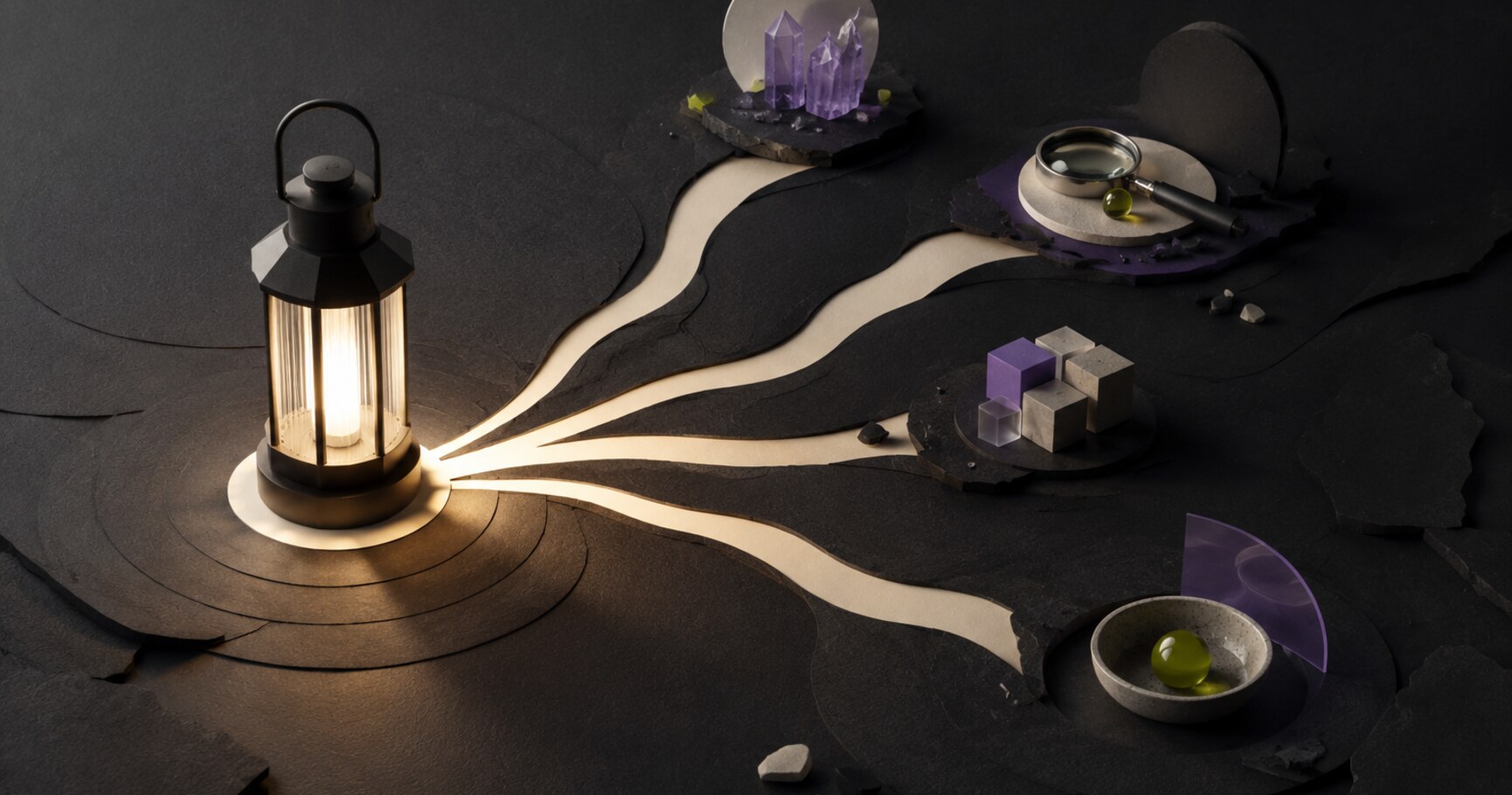 A focused light revealing several exploratory testing paths in a dark abstract scene