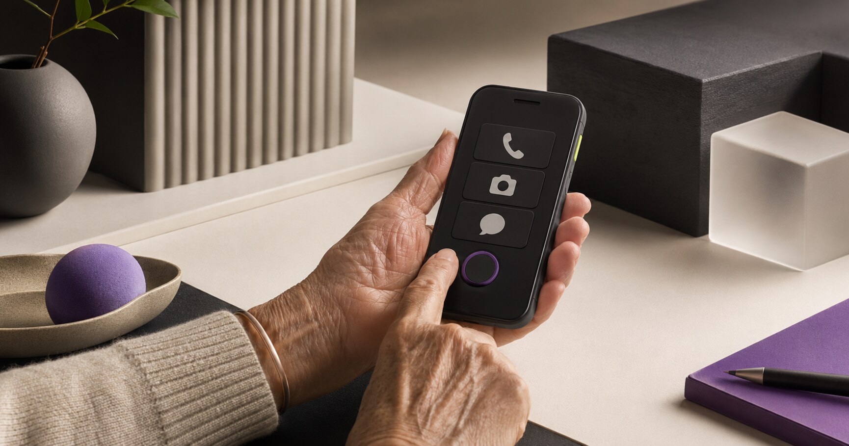 An older adult's hands using an iPhone with familiar large controls and a calm support setup