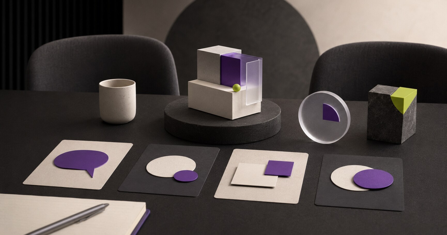 A calm junior QA interview preparation scene with question cards and a small test model