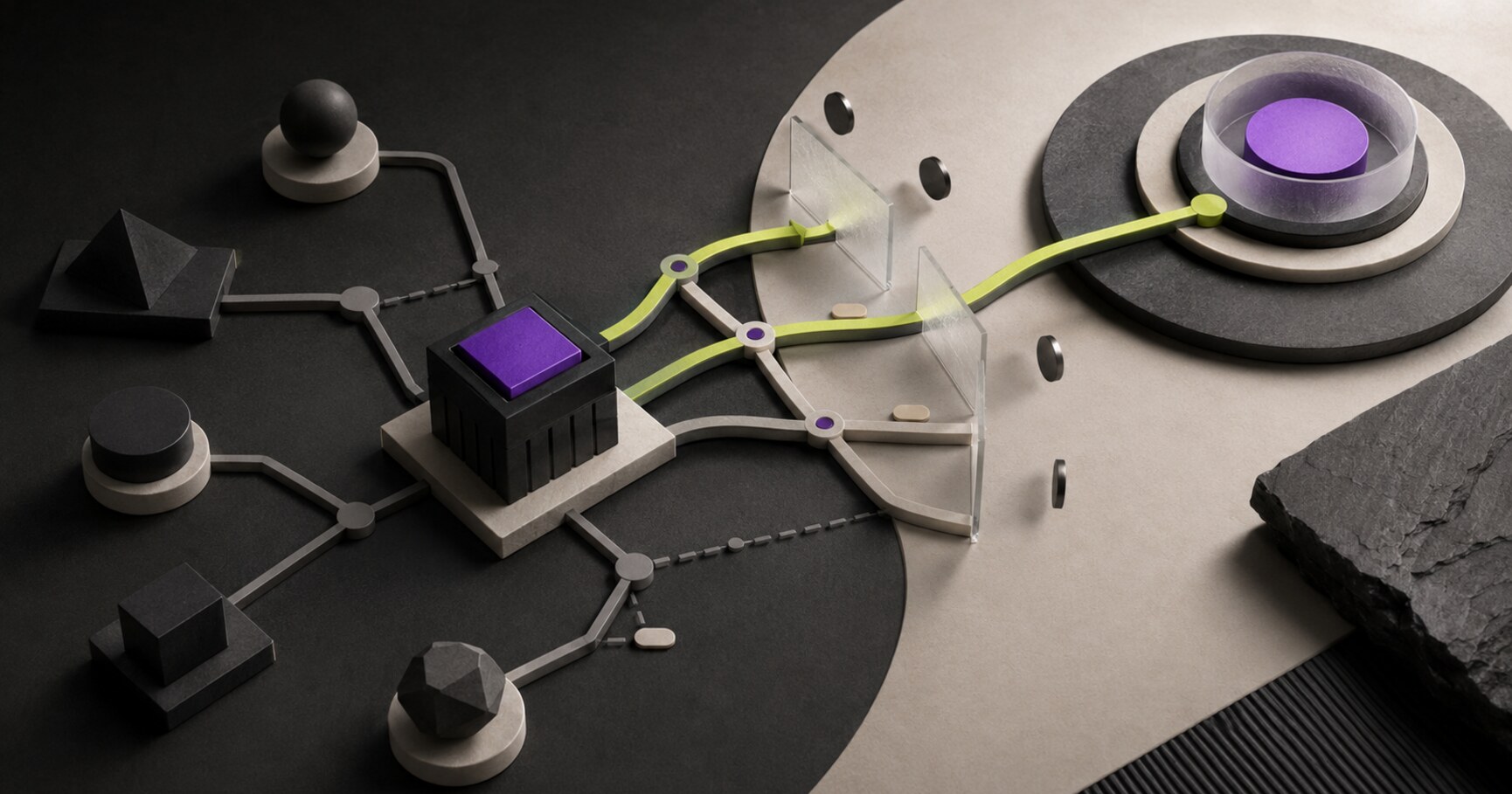 A changed central component with connected regression testing paths around it