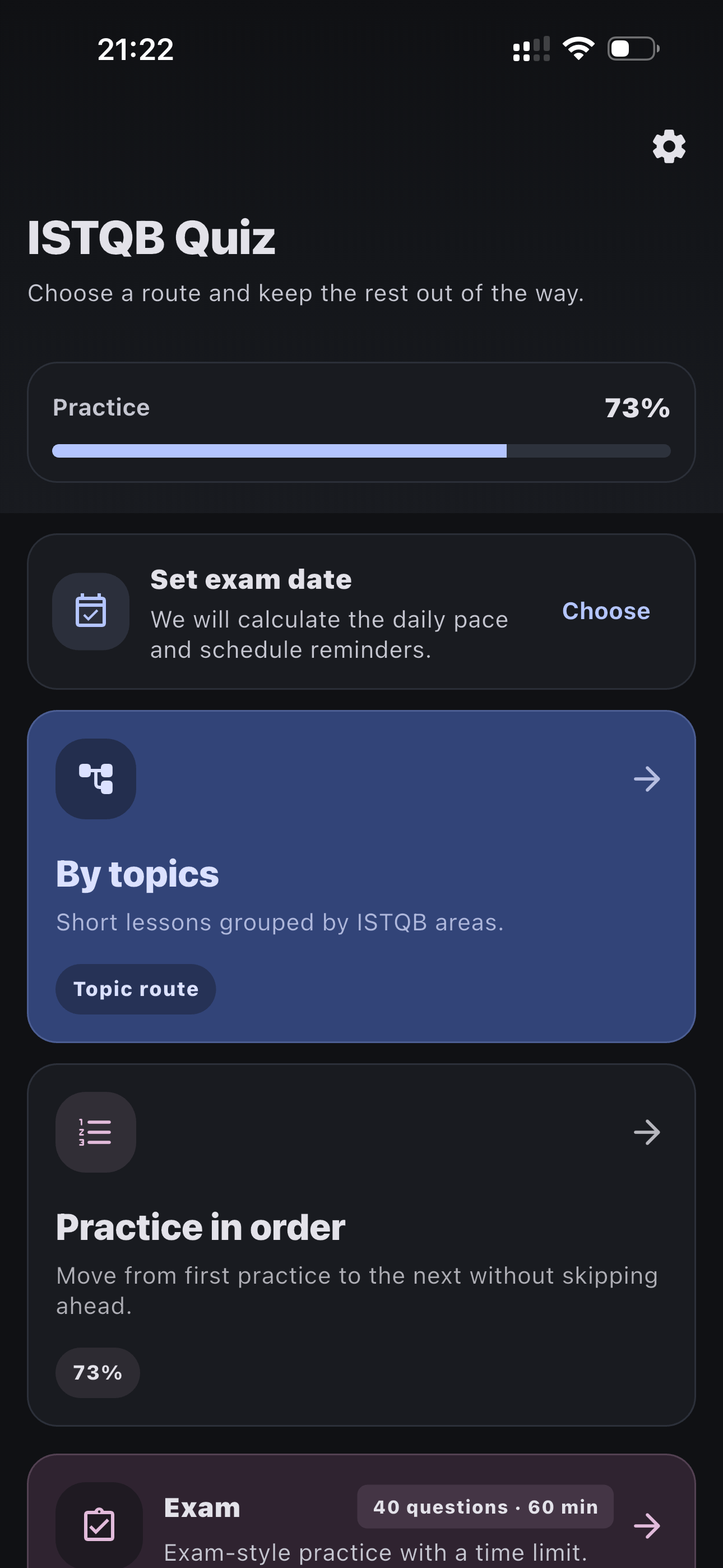 ISTQB Quiz home screen with practice progress and study routes
