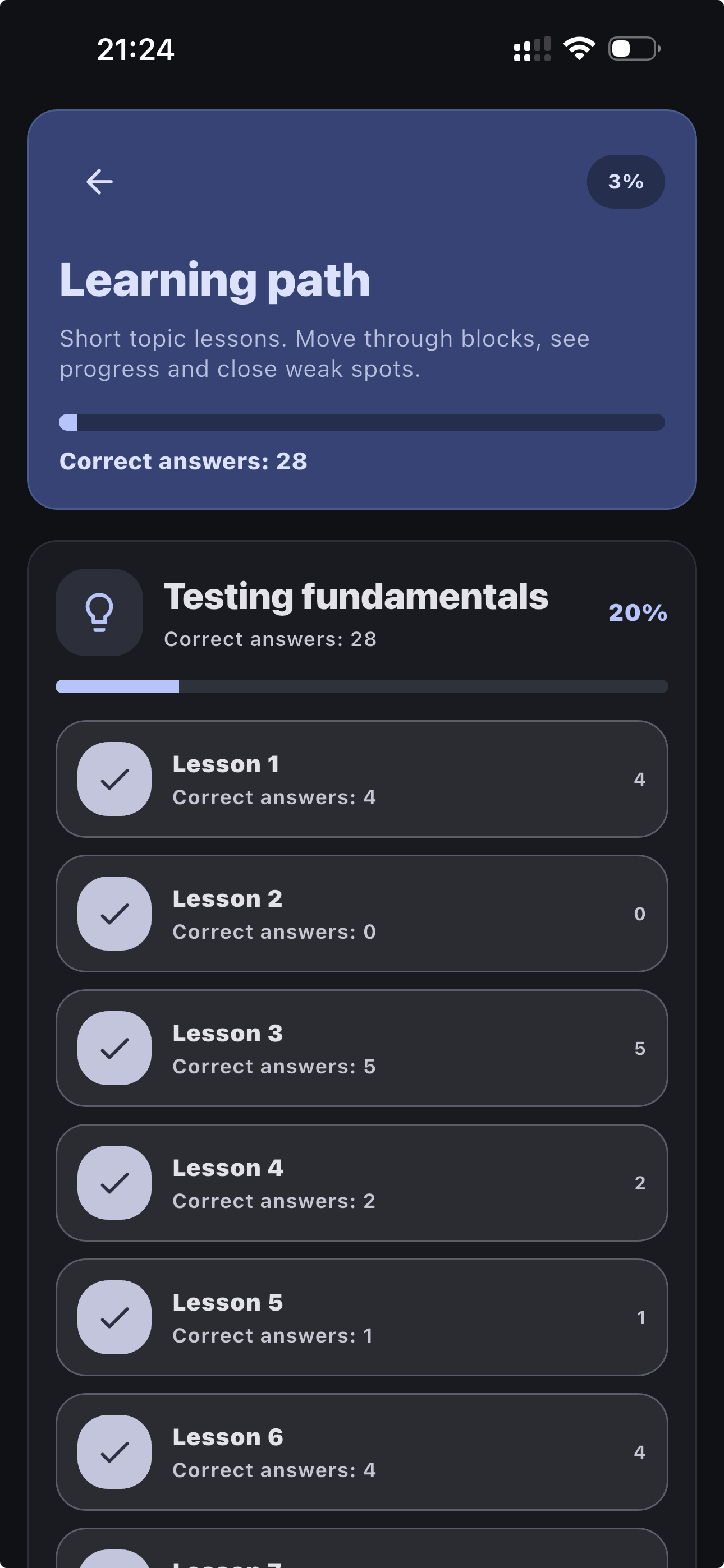 ISTQB Quiz learning path with topic lessons and progress