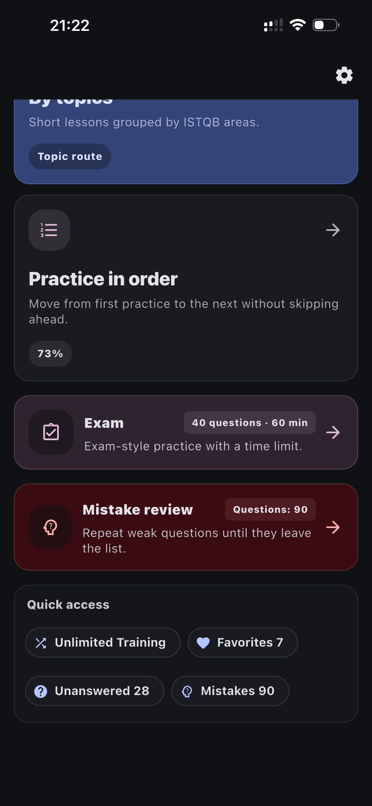 ISTQB Quiz practice modes and quick access screen