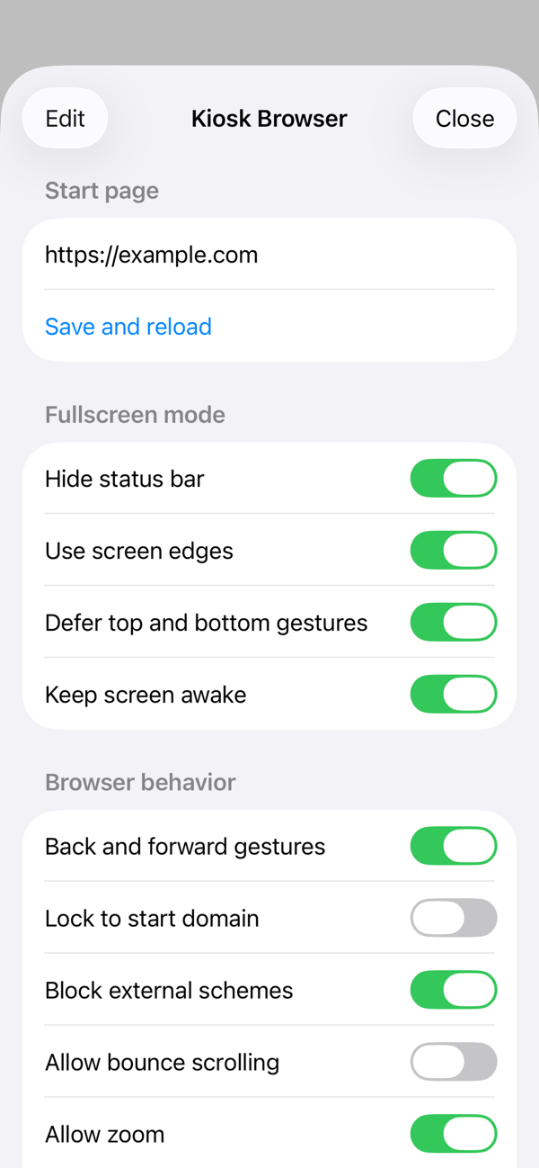 Kiosk Web Launcher browser settings screen