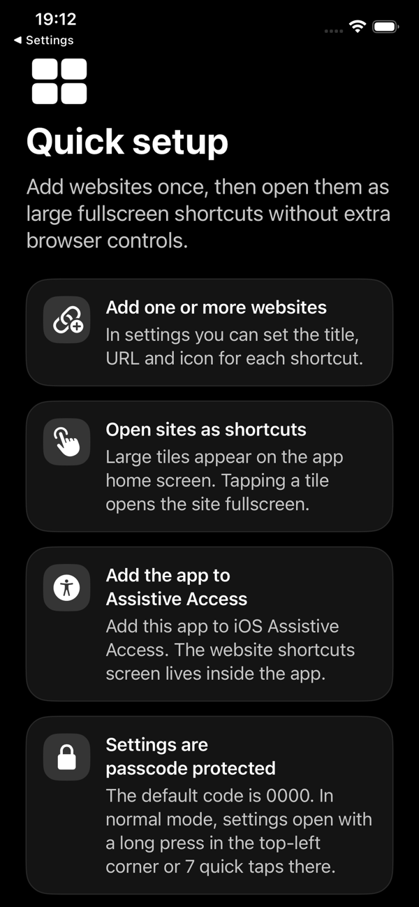 Kiosk Web Launcher setup screen